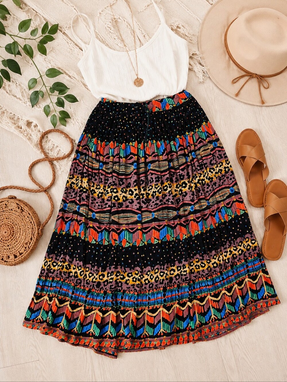 Vintage Boho Tiered Skirt Colorful Tribal Leopard Print Elastic Waist Festival